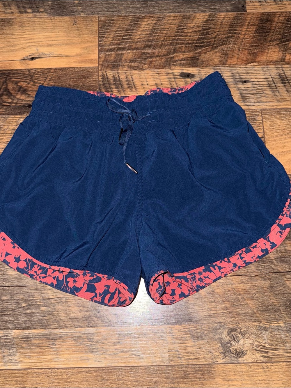 lululemon athletica Navy Blue Athletic Shorts with Coral Print Trim